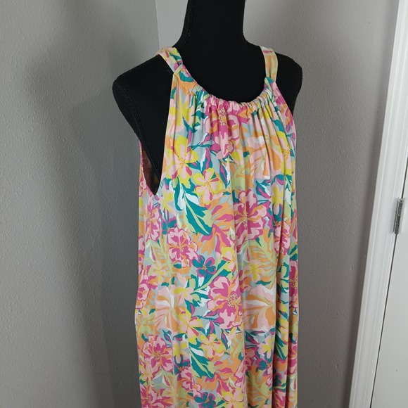 Time and Tru Dress Womens XXL 20 Multicolor Floral Halter Shift Pockets Summer - Picture 1 of 11